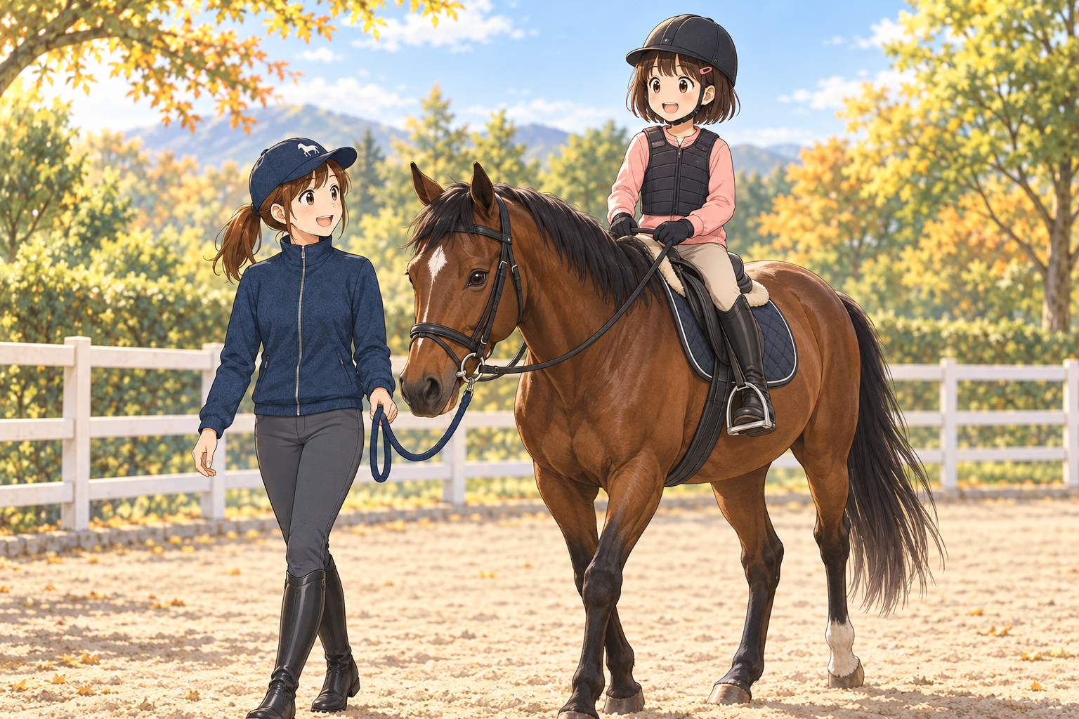 女性指導員に付き添われ、ヘルメット姿の女の子が乗馬を楽しむイラスト